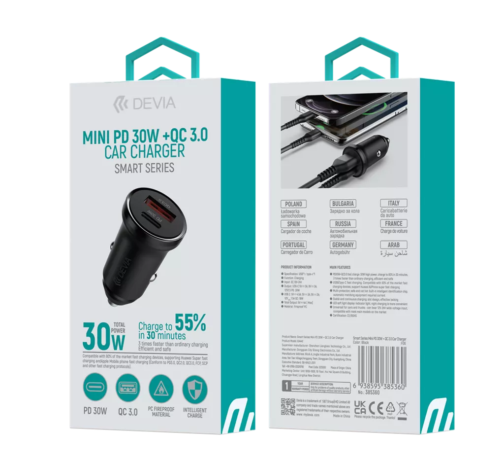 Devia 30W Mini Power Delivery USB-C & Qualcomm 3.0 USB Port Car Adapter - Image 10